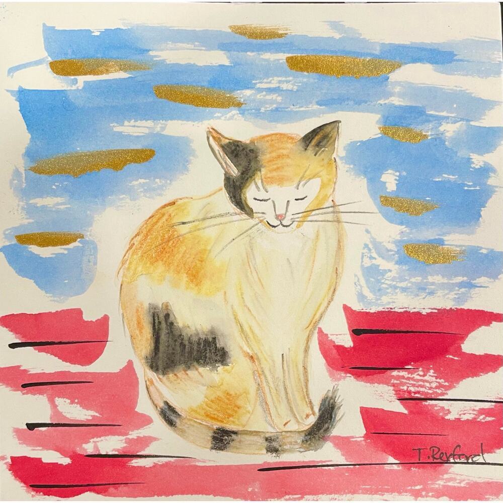 Hand painted watercolor original painting orange black cat